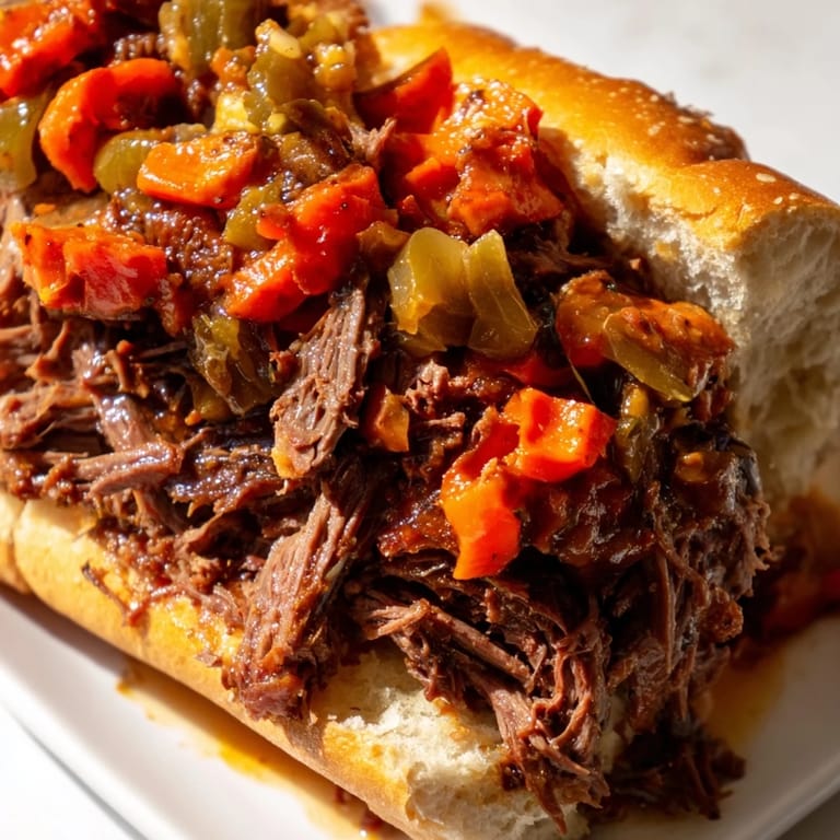 An Italian beef sandwich stuffed with tender beef, giardiniera, and roasted peppers, served on a rustic platter for game day.