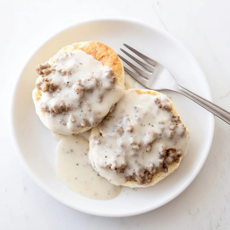 Buttery biscuits and thick, luscious sausage gravy ready for a delicious morning.