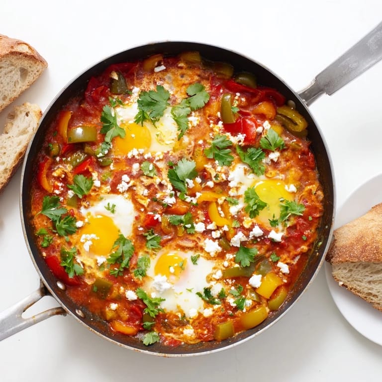A single serving of Shakshuka topped with cilantro and feta, ready to dip into crusty bread alongside a fork.