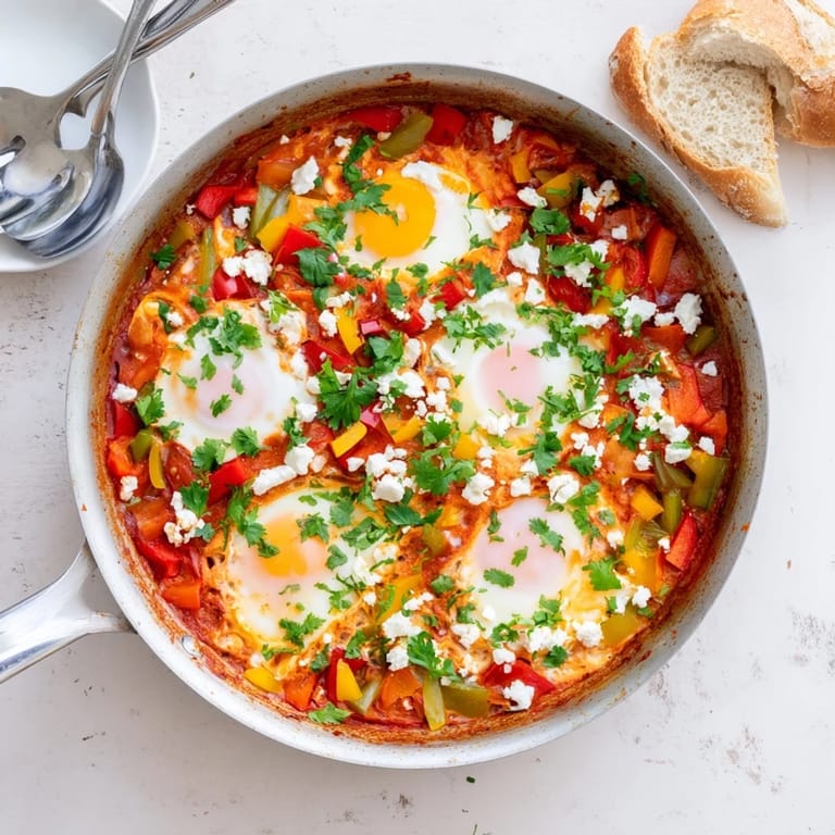 Spoon into a bowl of homemade Shakshuka, revealing runny golden yolks nestled in a chunky, aromatic tomato and pepper stew.