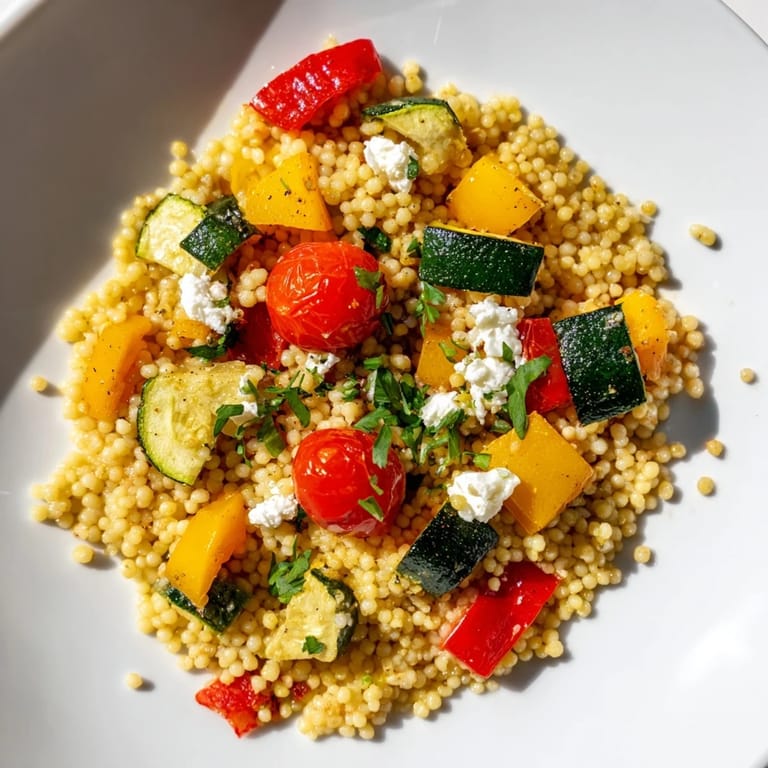 Hearty Mediterranean Roasted Veggie Couscous Salad features golden caramelized vegetables, fresh mint, and crumbled feta on a bed of warm, fluffy couscous.  
