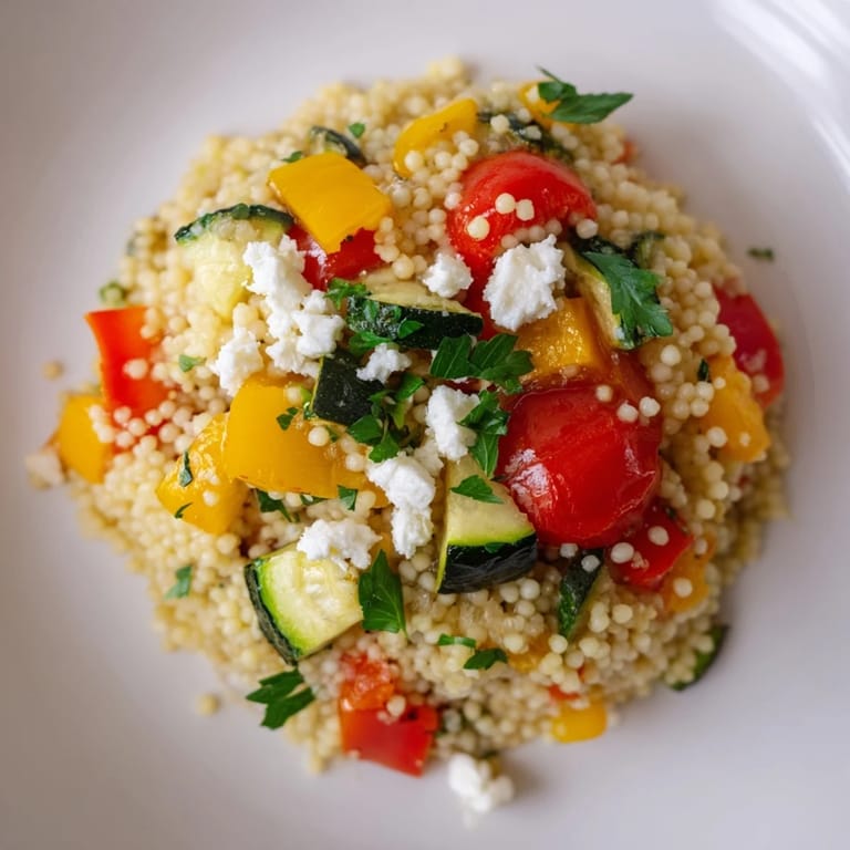 A colorful platter of Roasted Veggie Couscous Salad, topped with toasted pine nuts and fresh herbs, served as a light main dish for a summer picnic.