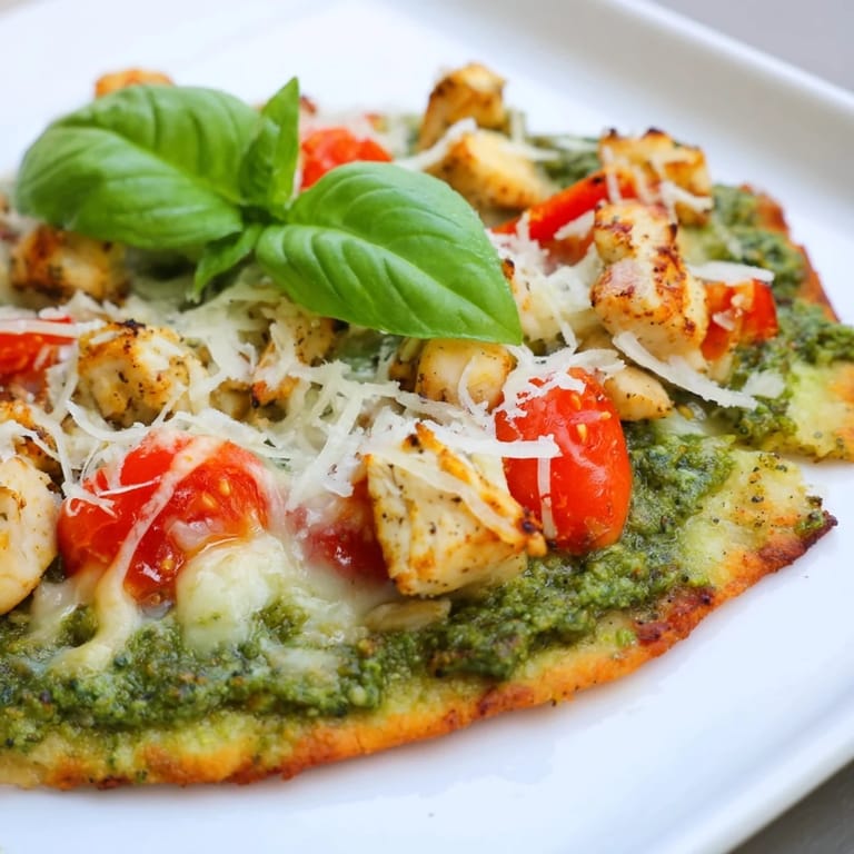 Overhead view of a whole Chicken Pesto Pizza, garnished with fresh basil leaves and drizzled with pesto sauce.