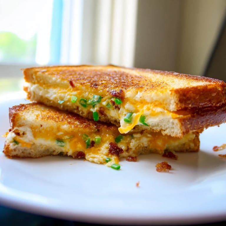 Two golden-brown halves of a jalapeño popper grilled cheese sandwich rest on a white plate with a bowl of tomato soup.
