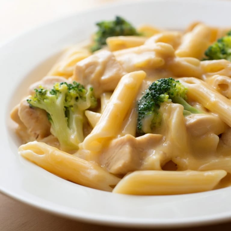 Fork twirling bite of cheesy Chicken Broccoli Cheddar Pasta with bright green broccoli florets and pasta.