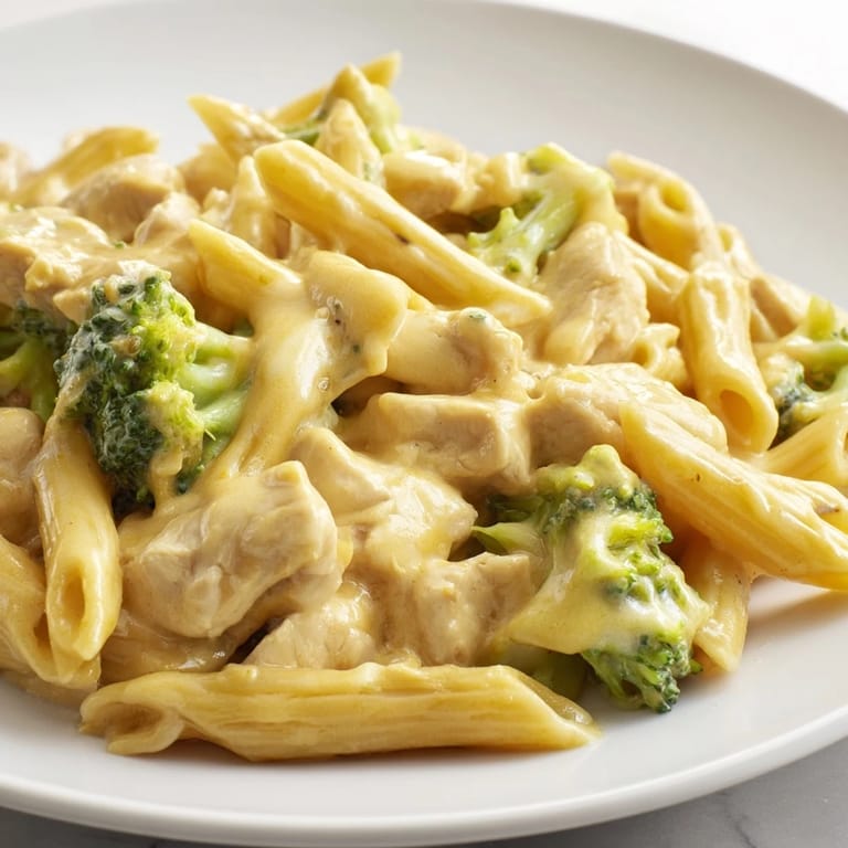 Comforting skillet of Chicken Broccoli Cheddar Pasta served family-style, garnished with fresh herbs and extra cheddar.