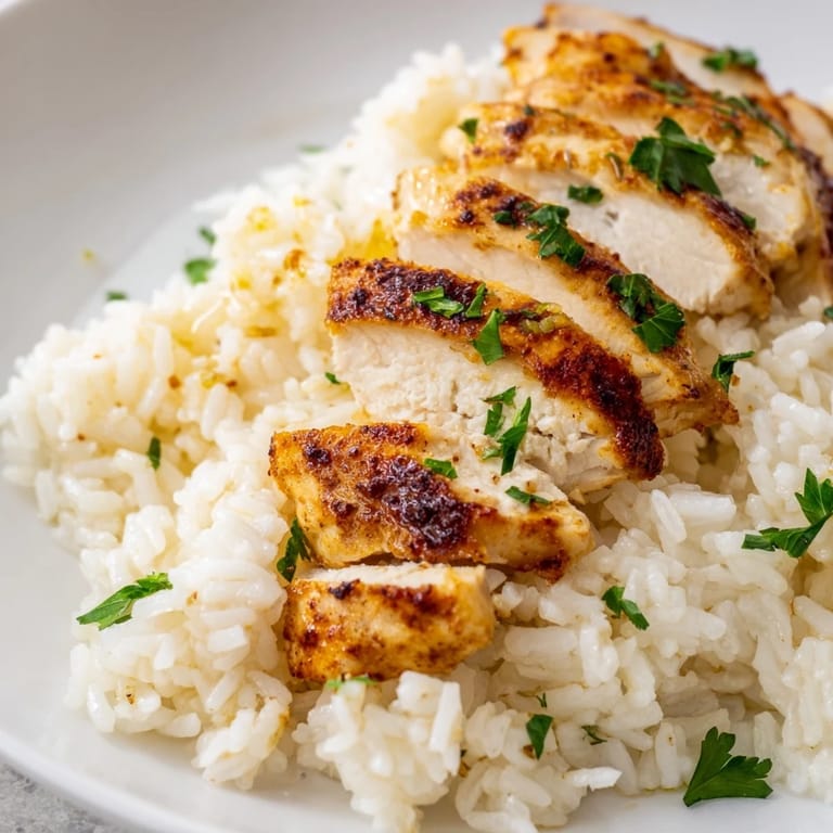 Warm garlic butter rice with succulent grilled chicken and fresh parsley, served ready for a comforting family dinner.