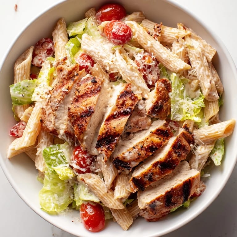 Penne pasta coated in Caesar dressing mixes with spicy chicken, romaine, and parmesan for a flavorful main dish.