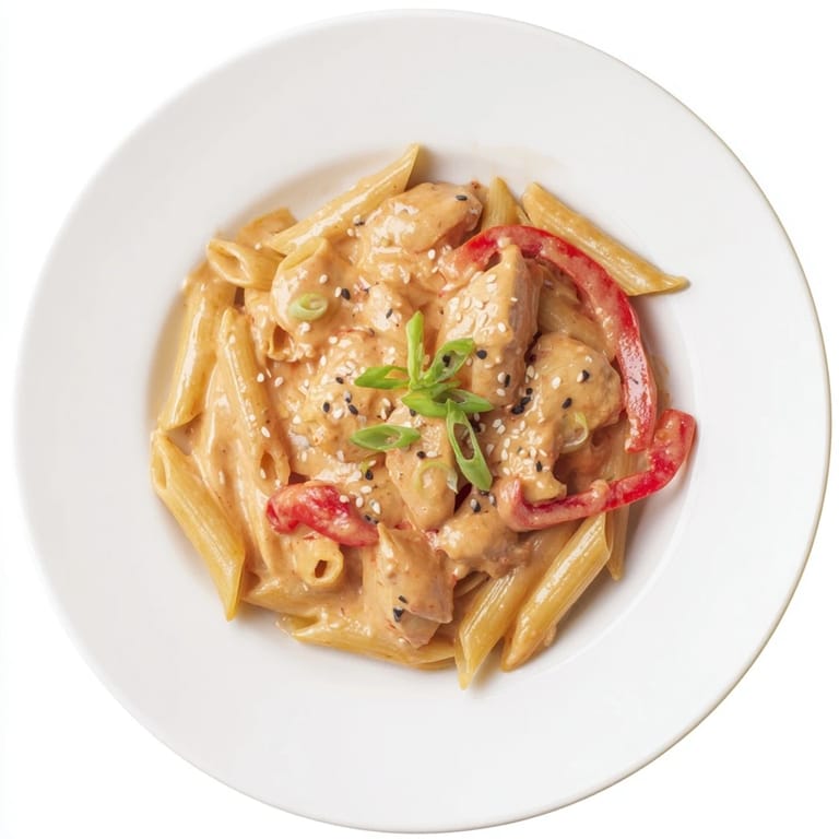 Fork twirling Sweet Chili Chicken Pasta coated in a glossy sweet chili cream sauce.