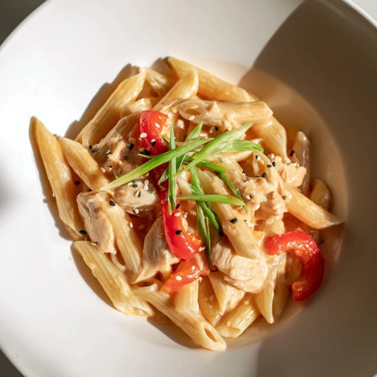 Plated Sweet Chili Chicken Pasta garnished with green onions and sesame seeds next to a glass of white wine.