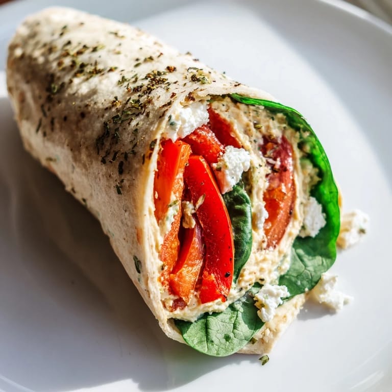 Sliced Mediterranean Veggie Wraps, ready to eat, with colorful spinach and feta filling for an easy, vegetarian lunch or dinner.