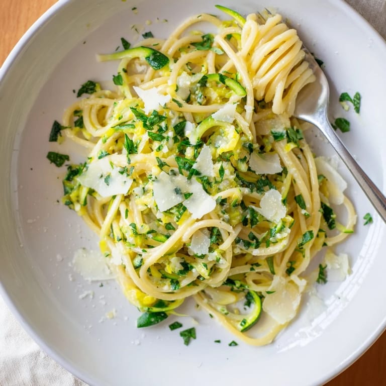 Close-up of a fresh serving of Lemon Zucchini Pasta, garnished with grated Parmesan and bright green parsley on a rustic plate.