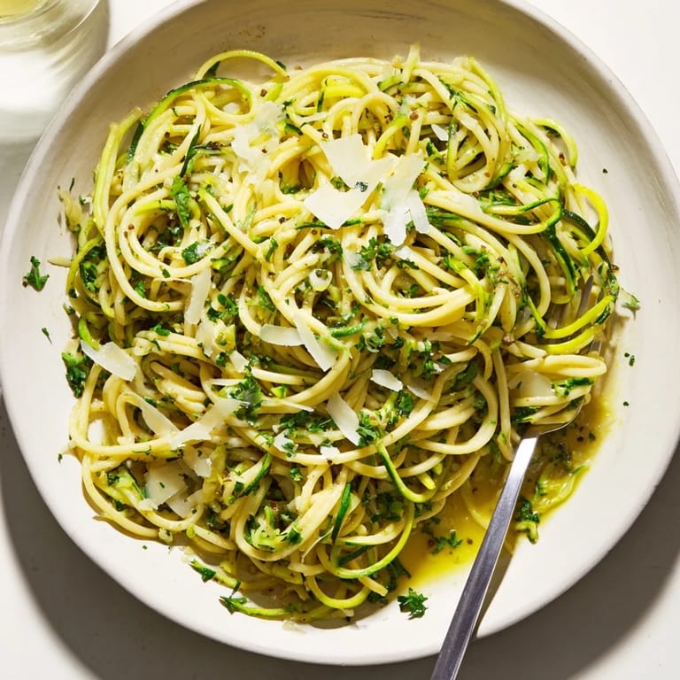 A skillet of sizzling Lemon Zucchini Pasta with melted butter, lemon zest, and tender zucchini ribbons ready to serve.