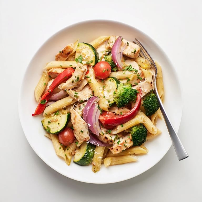 A close-up of a flavorful garlic herb chicken and vegetable pasta dish, featuring juicy roasted chicken, crisp broccoli, and cherry tomatoes on penne.