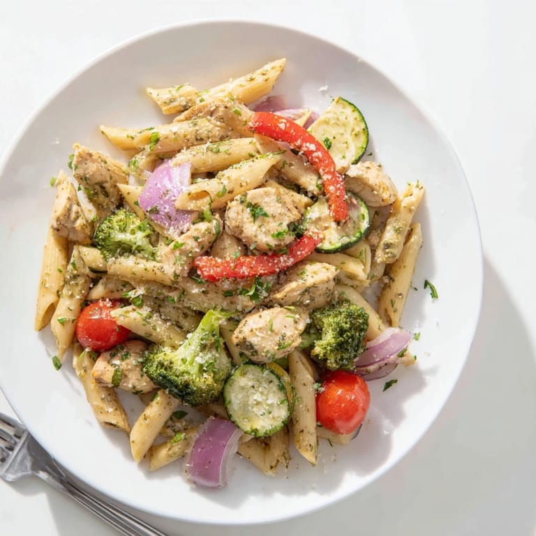 Sliced garlic herb chicken and vibrant vegetables with penne pasta garnished with fresh parsley and grated Parmesan, ready to serve for a family dinner.