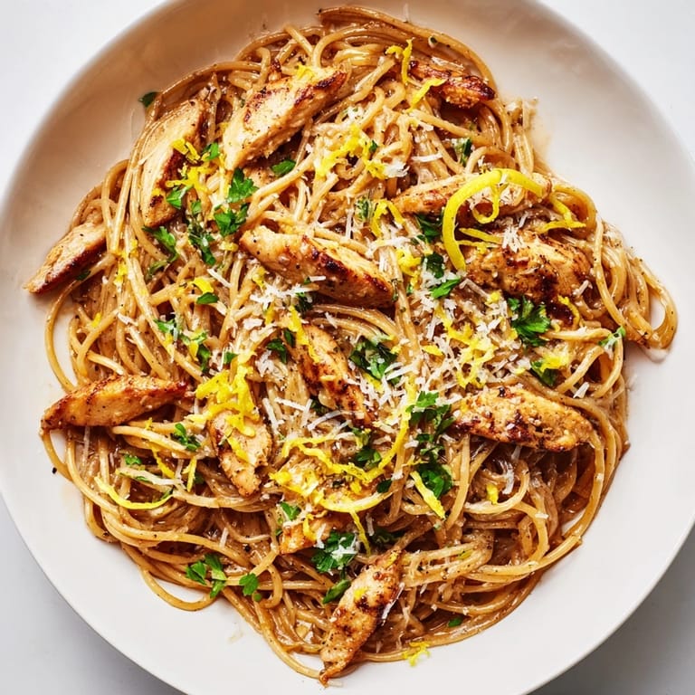 Served in a rustic white bowl, this vibrant Brown Butter Lemon Chicken Pasta recipe features a bright lemon wedge and a sprinkle of fresh herbs.