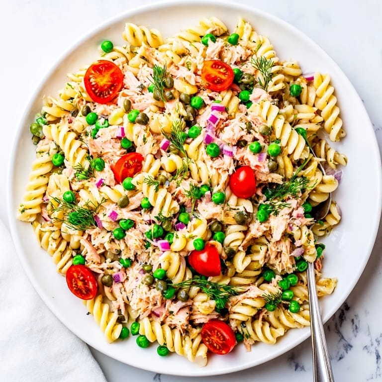 A serving dish of Lemony Tuna Pasta Salad garnished with fresh parsley and dill, perfect for a summer picnic or a light, refreshing lunch.
