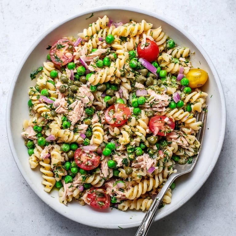 The finished Lemony Tuna Pasta Salad is ready to serve, featuring al dente pasta, peas, and tuna mixed in a bright lemon-olive oil dressing.