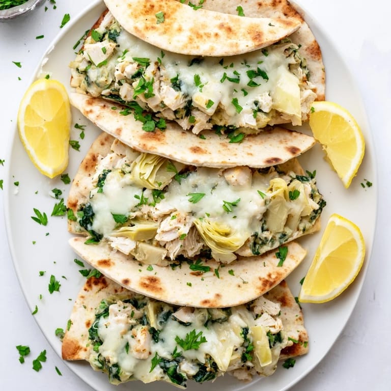 Spinach Artichoke Chicken Stuffed Pita filled with tender chicken, artichokes, and spinach in a baked pita pocket.