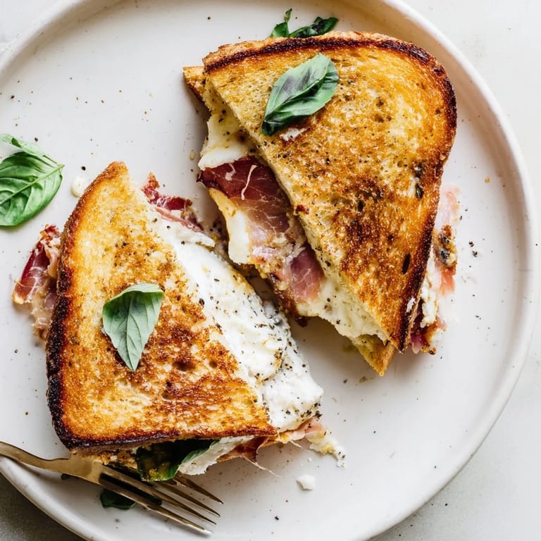 A close-up of buttery grilled cheese sandwich with prosciutto and creamy burrata, ready to be enjoyed.