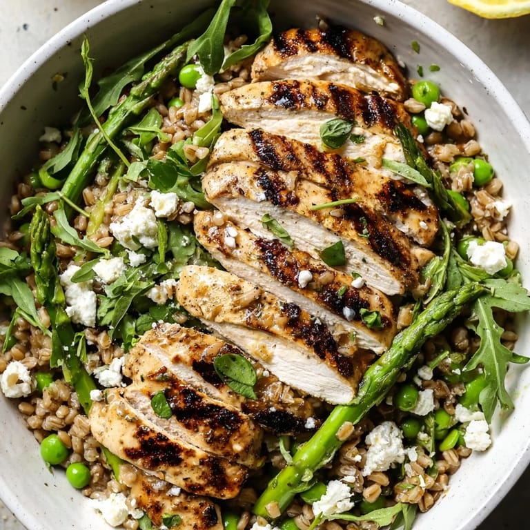 A hearty bowl of Warm Spring Farro Chicken Salad topped with crumbled feta, fresh herbs, and tender grains, ready for a light lunch.  