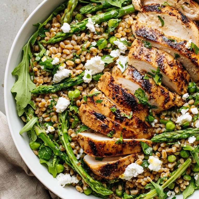 Vibrant Warm Spring Farro Chicken Salad featuring pan-seared chicken, blanched spring vegetables, and farro drizzled with zesty lemon dressing.