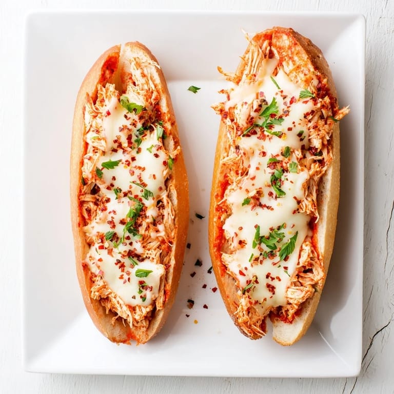 Hearty Chicken Parm Stuffed Garlic Bread served hot, ready for a family-style dinner.  
