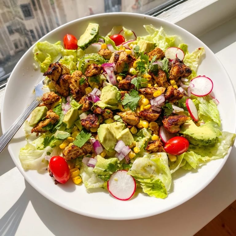 Vibrant salad with tender grilled chicken, sweet corn, crunchy radishes, and creamy avocado.