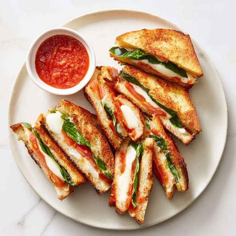 Warm Caprese Grilled Cheese Dippers with melted mozzarella and ripe tomatoes, paired with tangy marinara for an easy Italian-American appetizer.
