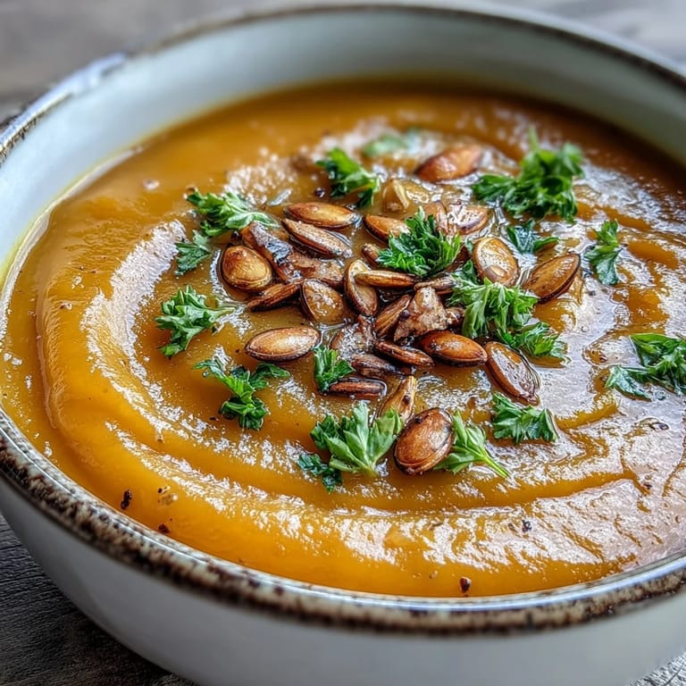 Rich, puréed butternut squash and apple soup with fragrant fall spices.