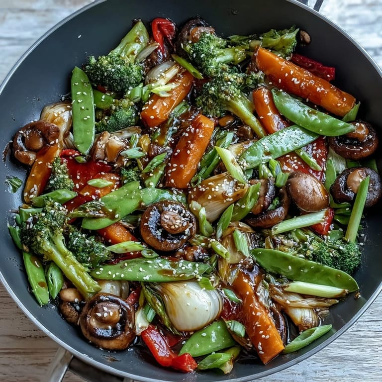 Crisp, colorful ginger stir-fried vegetables served hot, garnished with sesame seeds.