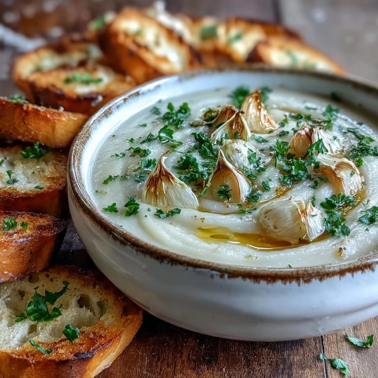 Velvety roasted garlic soup, ready with a drizzle of olive oil.