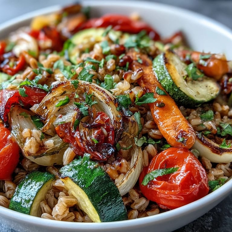 Hearty farro and fresh, tender oven-roasted vegetables, ideal as a vibrant side dish.