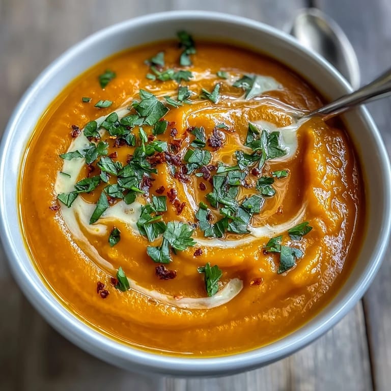 Creamy Carrot Ginger Soup with fresh herbs, a comforting vegan delight.
