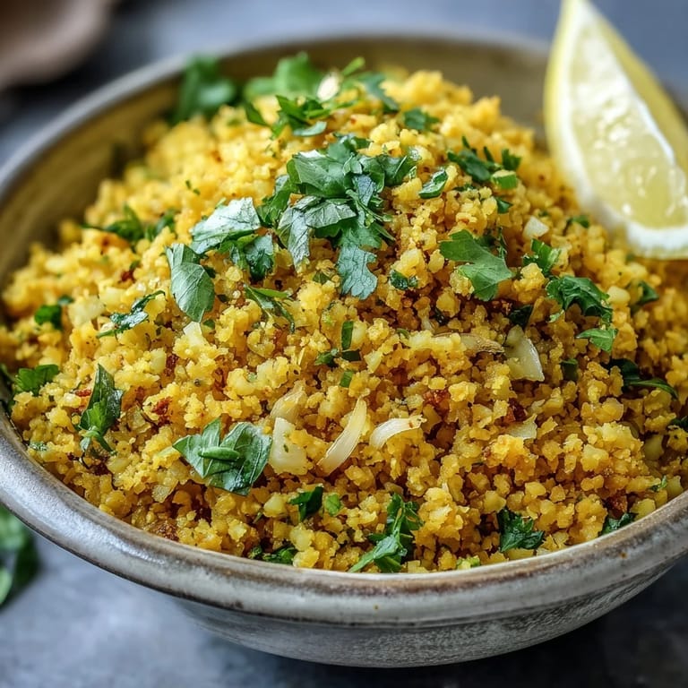 Golden turmeric cauliflower rice, steaming hot, perfect with roasted chicken.