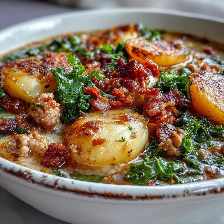 Steaming Italian Sausage Soup served in a rustic bowl, topped with crispy bacon bits and fresh kale garnish.