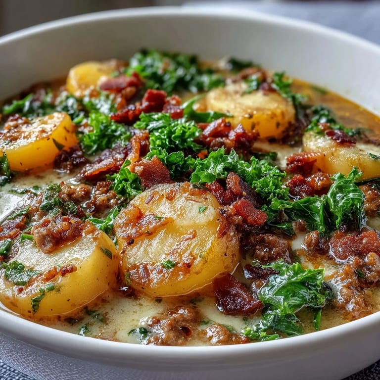 A close-up of creamy Italian Sausage Soup with sliced potatoes and wilted kale, ready to be ladled into bowls.