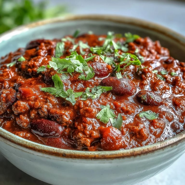 Finished Slow Cooker Chili in a rustic bowl, featuring tender beef and beans, with a ladle resting beside it for serving.