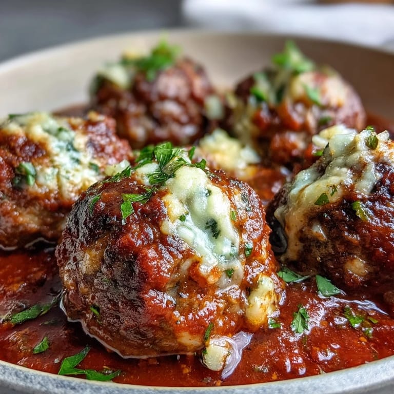 Golden-brown Cheesy, Garlicky Meatballs With Marinara piled in a skillet, oozing melted mozzarella and aromatic garlic.