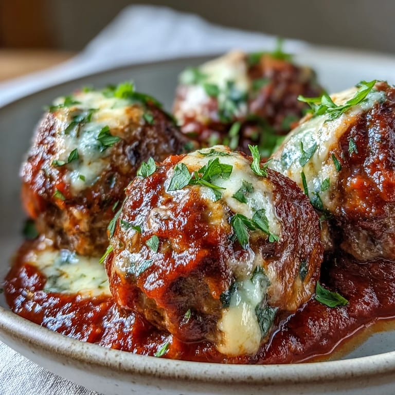 A cozy serving of Cheesy, Garlicky Meatballs With Marinara alongside gluten-free pasta, ready to enjoy.