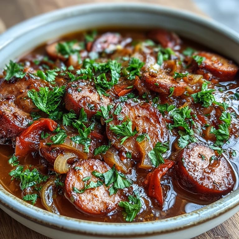 Slice smoky cocktail sausages and diced red peppers simmer in a tangy Crock Pot BBQ Cocktail Sausage Soup, served steaming hot with crusty bread.