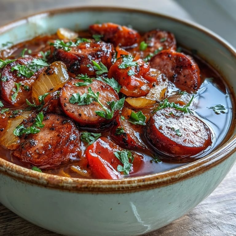 Slow cooker Crock Pot BBQ Cocktail Sausage Soup with a thick, sweet BBQ broth, garnished with fresh parsley and ready to serve for dinner.