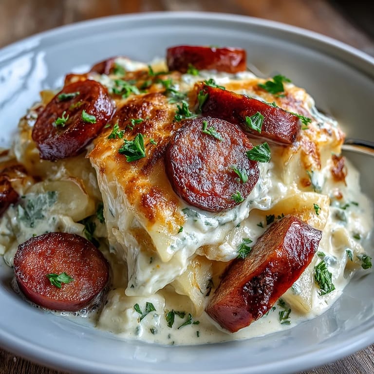 Savory kielbasa and pillowy pierogi layered with onions in Crockpot Pierogi Casserole With Kielbasa, ready to serve.