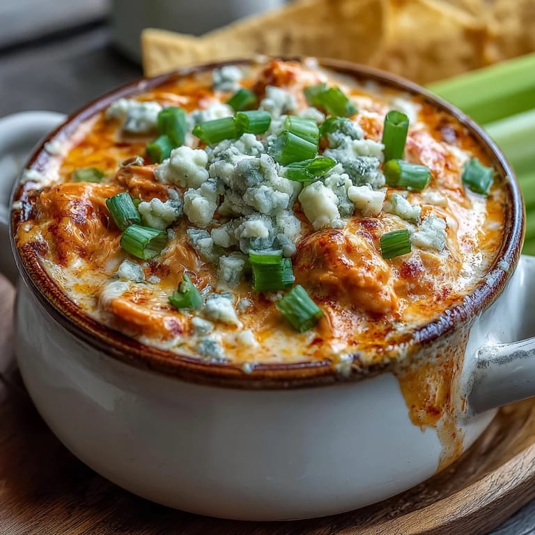 A ladle of Crock Pot Buffalo Chicken Dip Soup reveals melted cheddar and tender shredded chicken in rich broth.