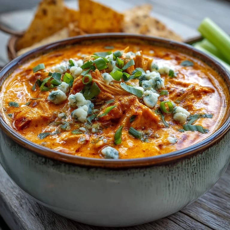 Homemade Crock Pot Buffalo Chicken Dip Soup served with celery sticks and tortilla chips for dipping, ready to enjoy.