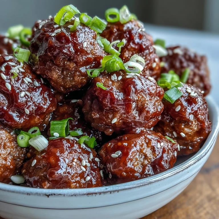Tender frozen meatballs coated in sweet and sour sauce, garnished with sesame seeds and green onions on white plate.