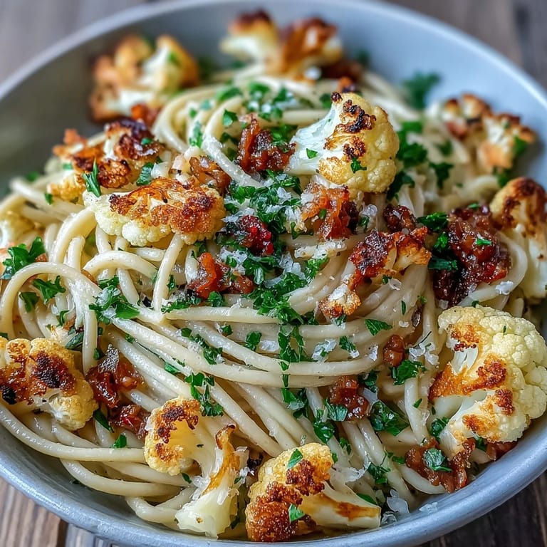 A close-up view of Cauliflower, Anchovy and Raisin Spaghetti featuring golden vegetables, melted anchovies, and fresh parsley garnish.