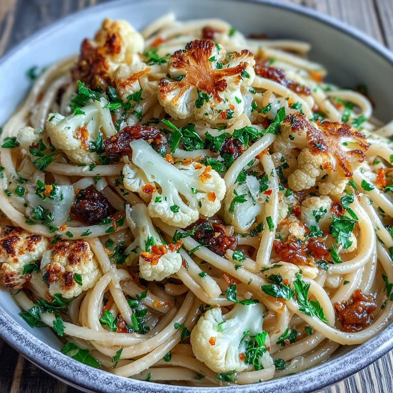 A warm serving of Cauliflower, Anchovy and Raisin Spaghetti with lemon zest and raisins, plated ready to eat.