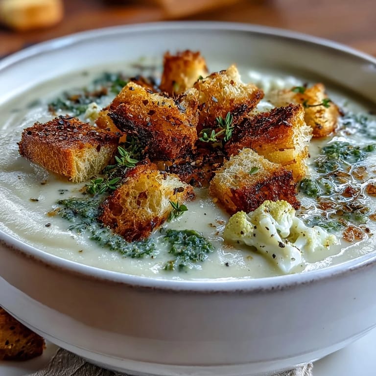 A bowl of creamy Cauliflower and Broccoli Soup served with artisan bread for dipping. 