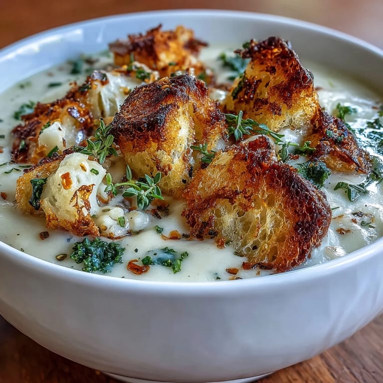 Steaming Cauliflower and Broccoli Soup reveals its velvety texture and vibrant green vegetable flecks.